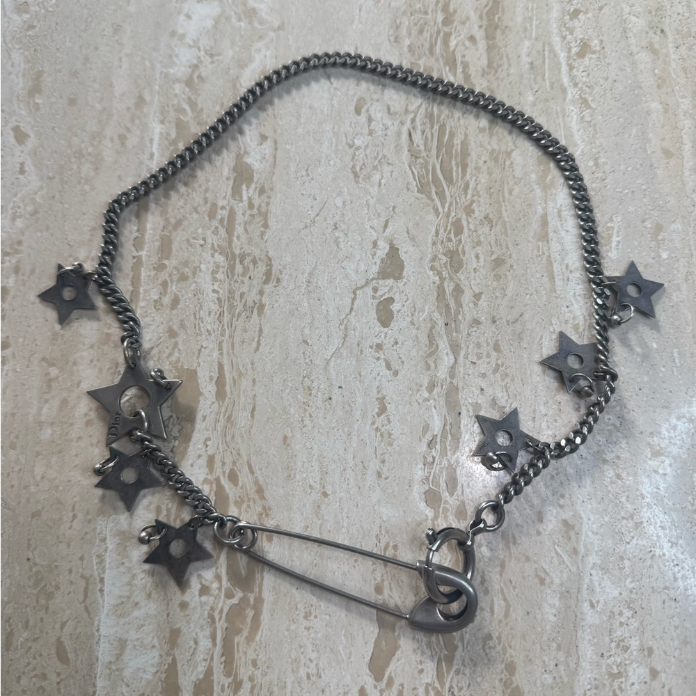 Dior Galliano Star and Safety Pin Silver Tone Chain Necklace